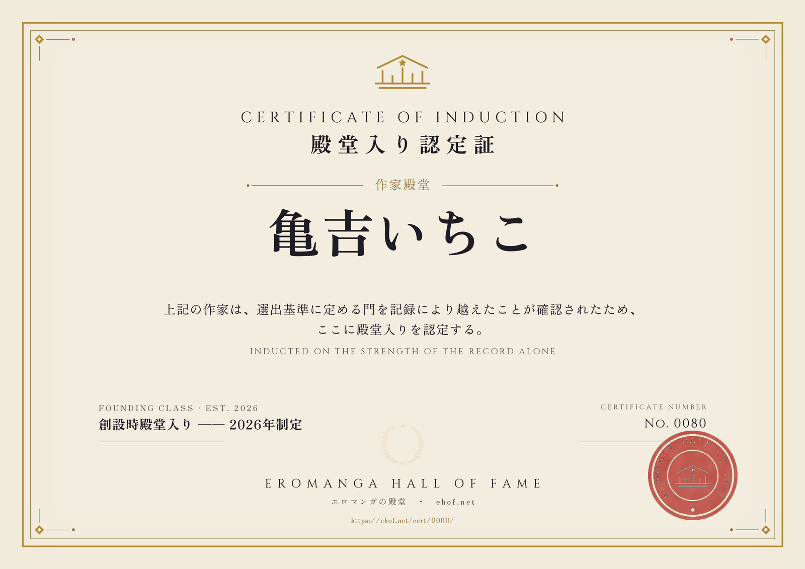亀吉いちこ 殿堂入り認定証 No. 0080