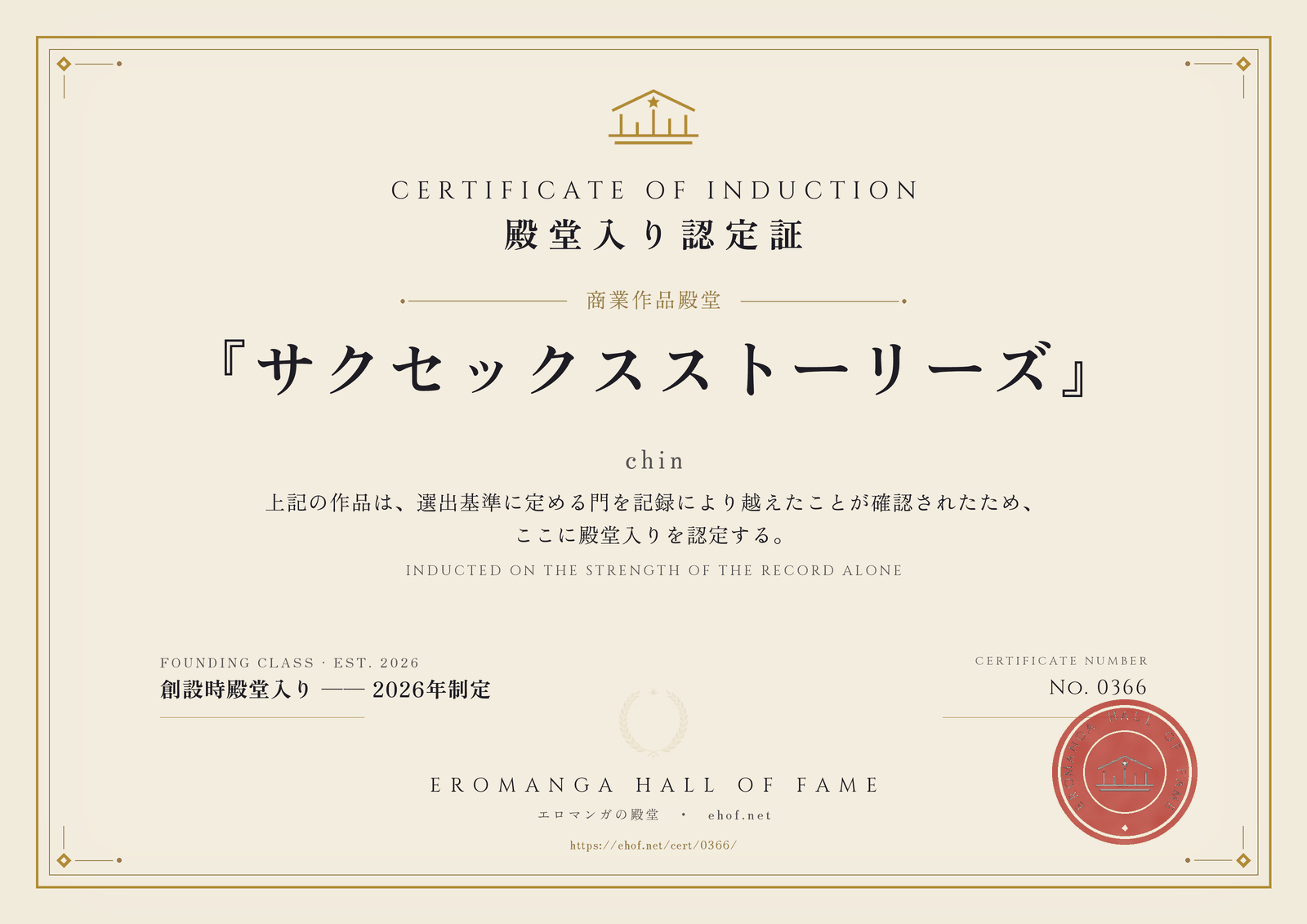 『サクセックスストーリーズ』 殿堂入り認定証 No. 0366